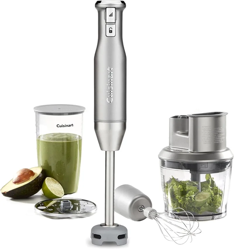 CUISINART ▫️ Batedora de imersão Power Blend de 400 W com velocidade variável, lâmina em aço inoxidável, copo anti-riscos sem BPA, taça do processador, batedor e recipiente Prep-and-Go.