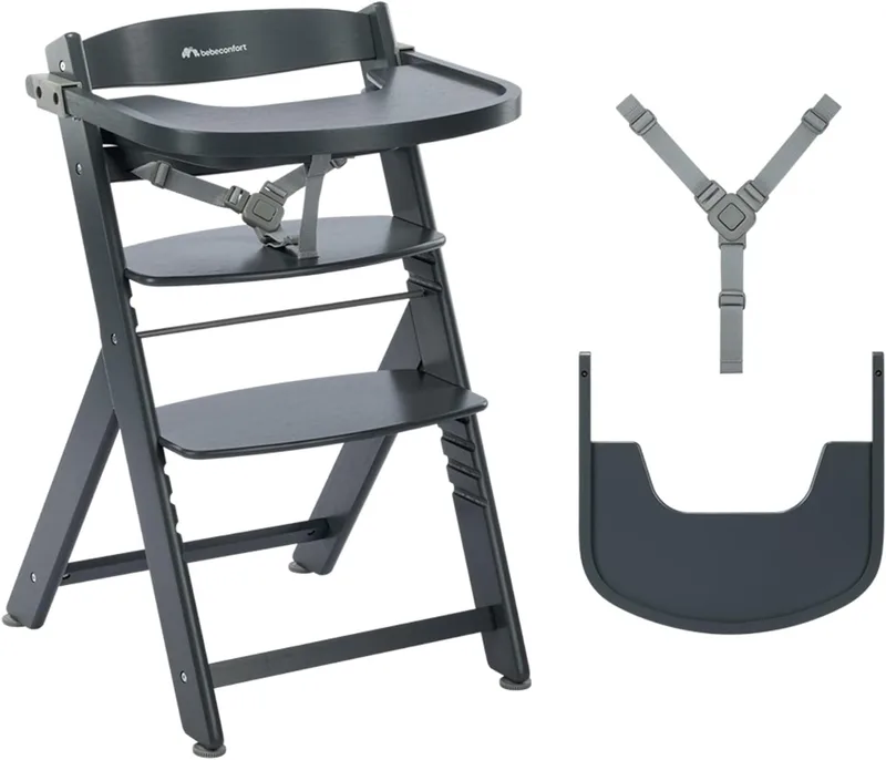 Bebeconfort ▫️ Timba 2 Evolutionary High Chair Baby Wood, +6 meses, até 110 kg, cadeira alta ergonómica para bebés, adequada para a maioria das mesas, tabuleiro amovível, assento ajustável/apoio para os pés almofadado, cinzento quente