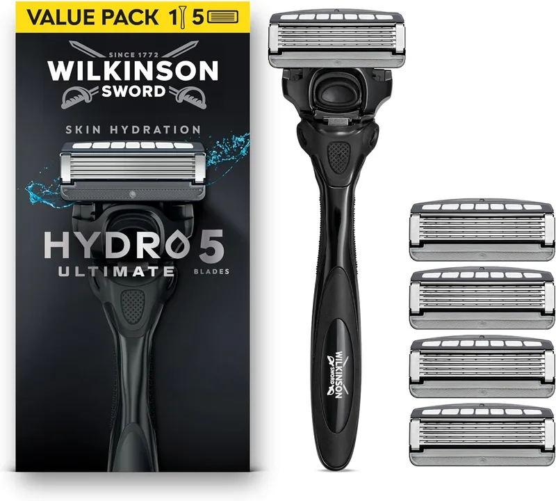 Wilkinson Sword ▫️ Hydro 5 Ultimate – Máquinas de barbear para homem, Pacote económico, ácido hialurónico, lâminas com revestimento de carbono, cabo da máquina de barbear com 5 recargas de lâmina