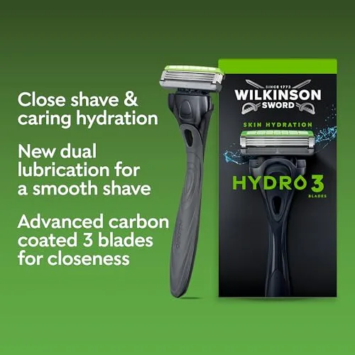 Wilkinson Sword ▫️ Hydro 3 lâminas de barbear para homem, dupla lubrificação, lâminas com revestimento de carbono, pacote de recargas para máquina de barbear masculina, 8 recargas para máquina de barbear 2
