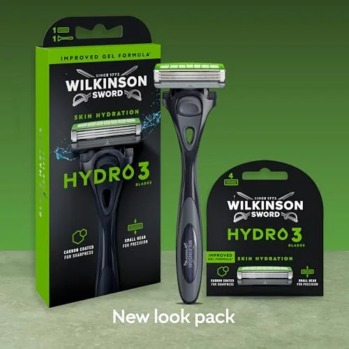 Wilkinson Sword ▫️ Hydro 3 lâminas de barbear para homem, dupla lubrificação, lâminas com revestimento de carbono, pacote de recargas para máquina de barbear masculina, 8 recargas para máquina de barbear 6