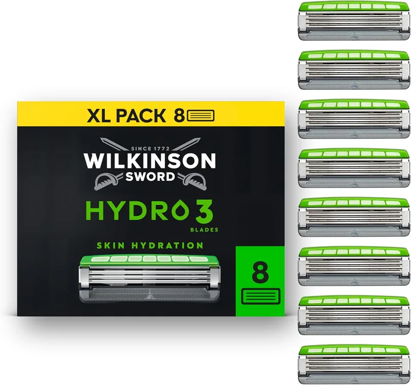 Wilkinson Sword ▫️ Hydro 3 lâminas de barbear para homem, dupla lubrificação, lâminas com revestimento de carbono, pacote de recargas para máquina de barbear masculina, 8 recargas para máquina de barbear