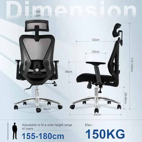 Durrafy ▫️ Cadeira de escritório ergonómica cadeira de escritório com 3 níveis de inclinação, apoio para a cabeça ajustável, apoio lombar e apoios para os braços, cadeira executiva resistente até 150 kg, cadeira 3