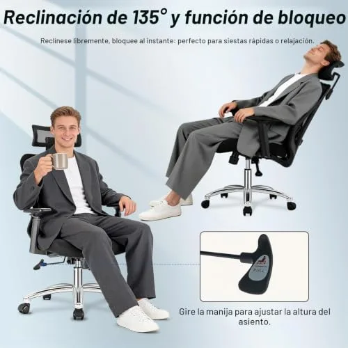 Durrafy ▫️ Cadeira de escritório ergonómica cadeira de escritório com 3 níveis de inclinação, apoio para a cabeça ajustável, apoio lombar e apoios para os braços, cadeira executiva resistente até 150 kg, cadeira 4