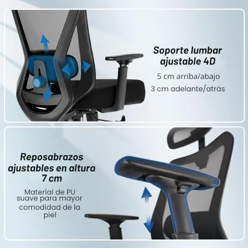 Durrafy ▫️ Cadeira de escritório ergonómica cadeira de escritório com 3 níveis de inclinação, apoio para a cabeça ajustável, apoio lombar e apoios para os braços, cadeira executiva resistente até 150 kg, cadeira 5