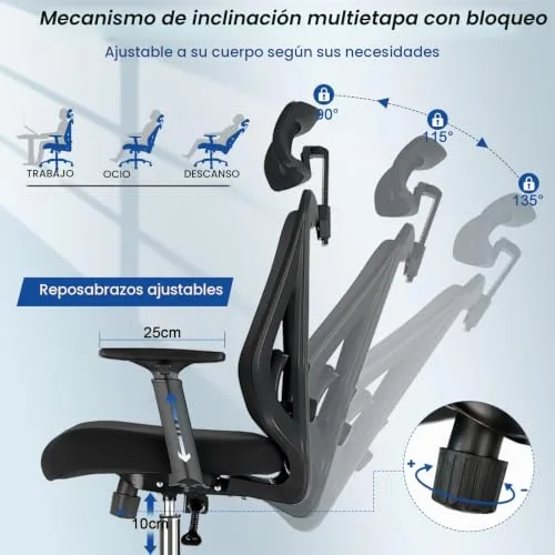 Durrafy ▫️ Cadeira de escritório ergonómica cadeira de escritório com 3 níveis de inclinação, apoio para a cabeça ajustável, apoio lombar e apoios para os braços, cadeira executiva resistente até 150 kg, cadeira 7