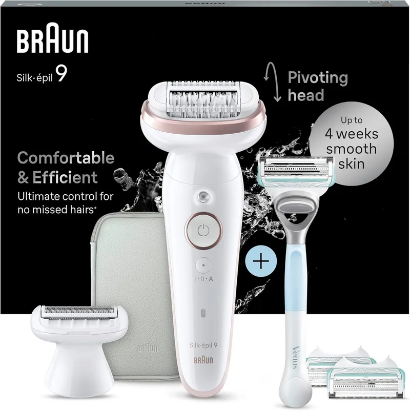 Braun ▫️ Silk-épil 9 depiladora eléctrica para mulher + lâmina de barbear Venus para a zona íntima, à prova de água, depiladora corporal com pente de corte e estojo, depilação suave de longa duração, 9-130 Branco/Flamenco