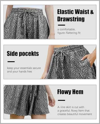 Yutdeng ▫️ Calções de Verão Casuais para Mulher, Fluidos, Elegantes, de Perna Larga, em Chiffon Floral, Saia-Calções de Praia, Cintura Elástica, Bermudas Boémias, Frescos, para Férias, com Cordão e Bolsos 4