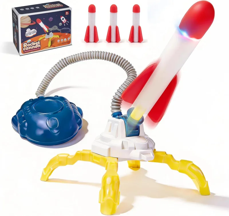 Comnonage ▫️ Foguetão de exterior com bomba de pé alimentada a ar, suporte de lançamento ajustável e 3 foguetões de espuma macia, até 35 m, brinquedo de exterior, jogos de jardim