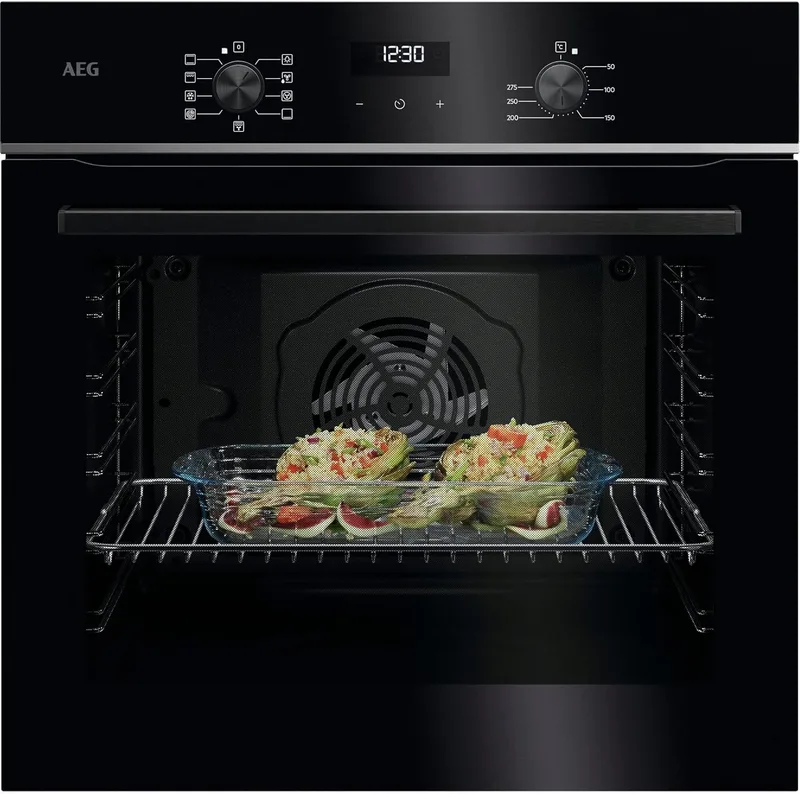AEG TU5AB21FSB - Forno multifunções Série 5000 SurroundCook, 72 L, ecrã LED, limpeza AquaClean, 9 funções, controlos retrácteis, calhas telescópicas de 1 nível, vidro preto, aço inoxidável infinito