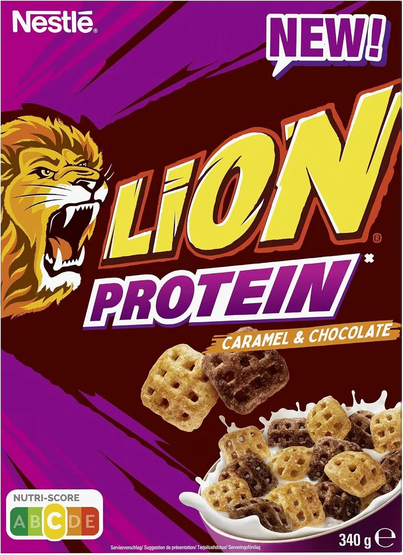 Nestlé Lion ▫️ Cereais Proteína, cereais integrais com chocolate e caramelo, embalagem de 340 g