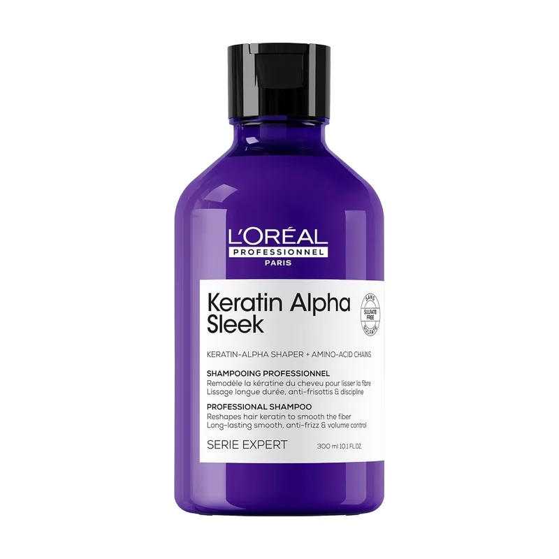 L'Oréal Professionnel Paris ▫️ L'Oréal Professionnel, Champô Sem Sulfatos Keratin Alpha Sleek, Anti-Frizz, Controlo do Frizz e Volume. Hidratação, suavização e brilho, adequado para todos os tipos de cabelo, 300 ml