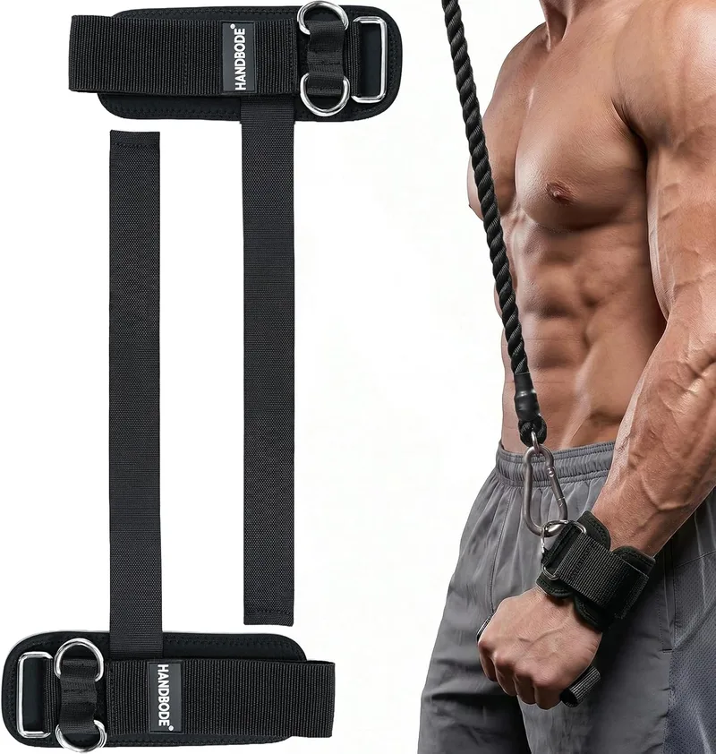 HANDBODE ▫️ Correias de levantamento para halterofilismo e levantamento de peso morto com argolas em D para treino em máquinas de cabos, correias de pulso de comprimento extra para homens e