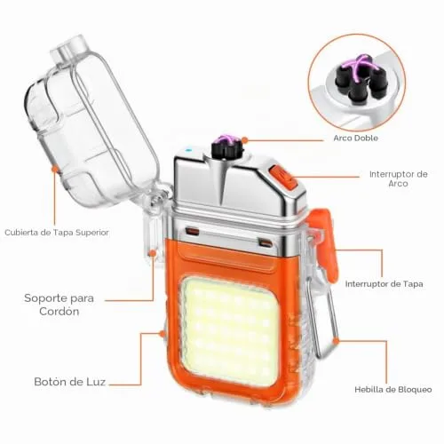 Vicloon ▫️ Isqueiro Elétrico, Isqueiro Eletrónico Recarregável por USB-C, Isqueiro de Duplo Arco com Lanterna, Resistente ao Vento e à Água, Isqueiros para Velas, Presente para o Pai, Avô (Laranja) 3