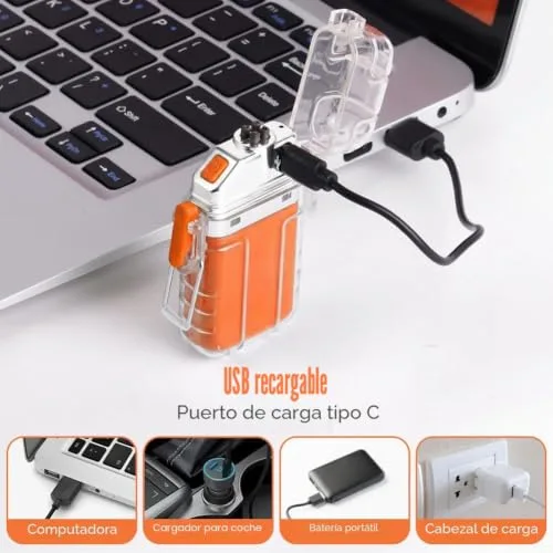 Vicloon ▫️ Isqueiro Elétrico, Isqueiro Eletrónico Recarregável por USB-C, Isqueiro de Duplo Arco com Lanterna, Resistente ao Vento e à Água, Isqueiros para Velas, Presente para o Pai, Avô (Laranja) 5