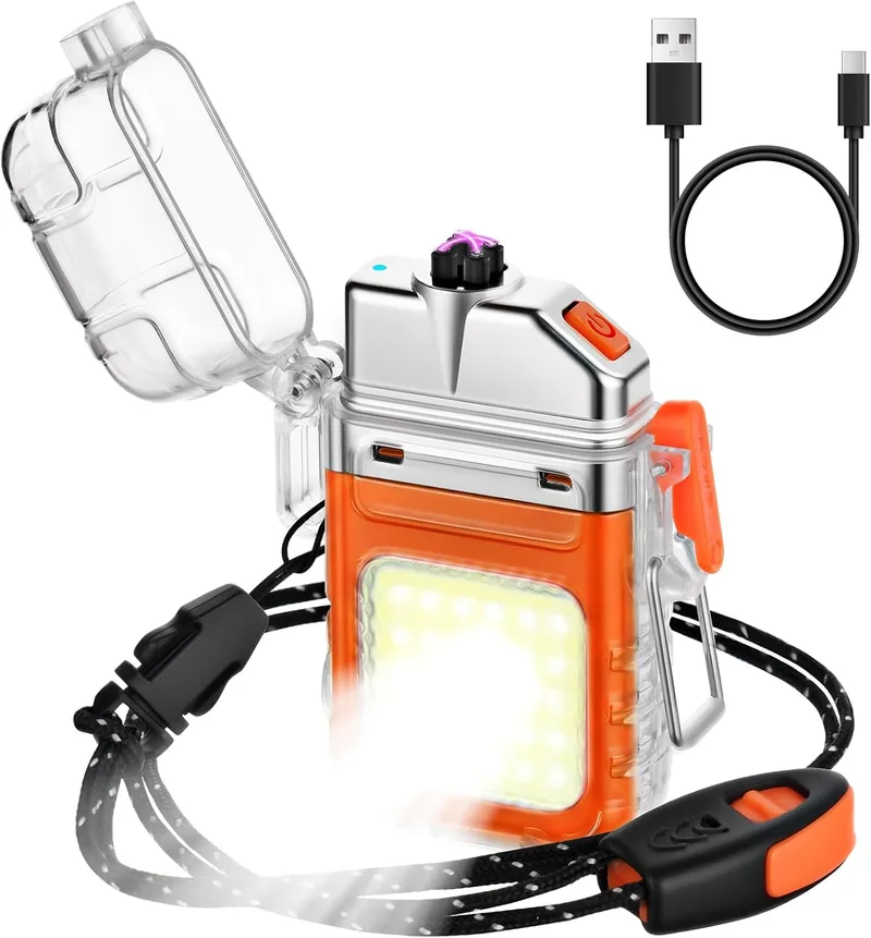 Vicloon ▫️ Isqueiro Elétrico, Isqueiro Eletrónico Recarregável por USB-C, Isqueiro de Duplo Arco com Lanterna, Resistente ao Vento e à Água, Isqueiros para Velas, Presente para o Pai, Avô (Laranja)