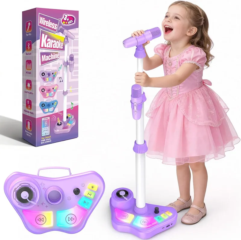 Dislocati ▫️ Microfone para Crianças com Altifalante, Brinquedo para Meninas a partir dos 3 Anos, Suporte Ajustável de 47 a 108 cm, Sem Fios com Bluetooth, Luzes LED, Roxo