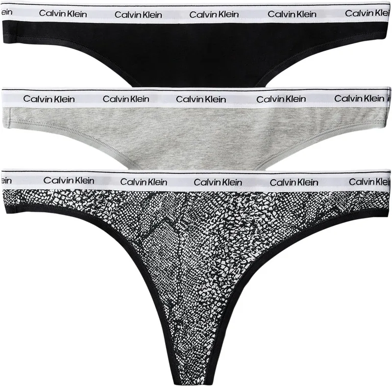 Calvin Klein ▫️ Women's, Tanga, embalagem de 3 unidades LV00QD5209, Tanga, Preto/Cinzento Mesclado/Pele de Cobra Marmorizada, Tamanho S, S