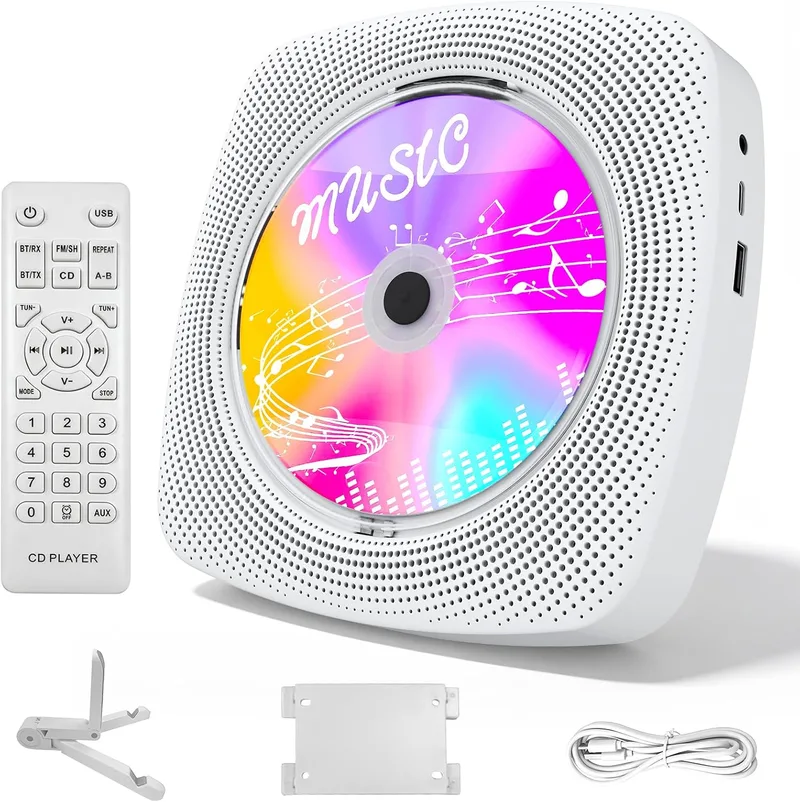 WOLFANG ▫️ Leitor de CD portátil com Bluetooth para uso doméstico e ao ar livre, com altifalantes, bateria recarregável de 4000 mAh, rádio FM, USB, comando à distância, suporte para montagem na parede e suporte de mesa