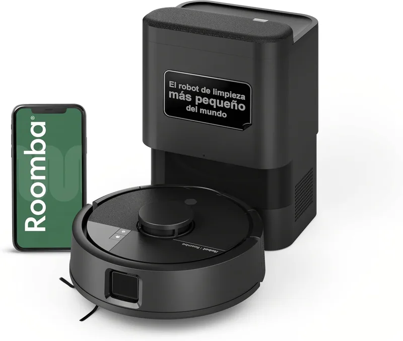 iRobot ▫️ Aspirador e esfregona Roomba Mini Robot com base AutoEmpty (até 90 dias), navegação LiDAR, aspiração de 7000 Pa, design compacto para espaços apertados, aplicação, esfregonas perfumadas, preto