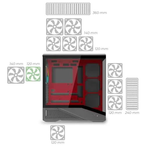 Noua ▫️ Cool GR200 | Caixa para PC Gaming ATX Mid Tower | Ventilador PWM com LED ARGB | USB 3.0 e Type-C | Suporte para refrigeração líquida de 360 mm | Vidro temperado e malha | Vermelho 6
