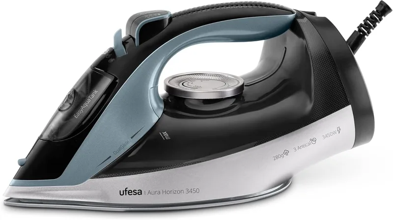 Ufesa ▫️ Ferro a vapor Aura Horizon 3450W, Curso de Vapor 280g, Vapor Contínuo 55g/min, Base Cerâmica DualGlide, Sistema Anti-calcário 3 em 1, Anti-gotejamento, Depósito 350ml, Cabo 1,9m