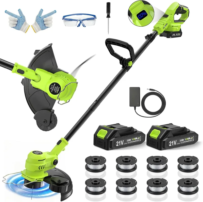 VOERJIA ▫️ Desbastador 21 V 750 W com ecrã LCD: Desbastador 2 em 1 (30 cm), 2 baterias, avanço automático e cabeça ajustável. Potente e leve para jardins. (Linha Jardim Pro)