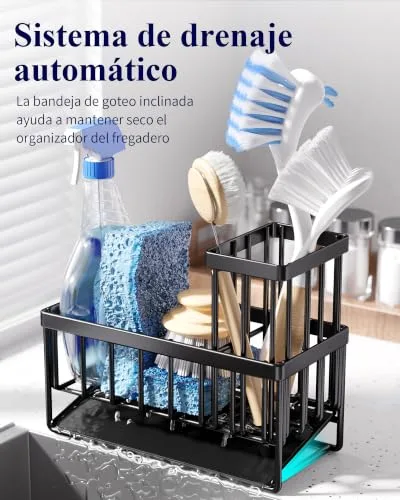Kitsure ▫️ Organizador de Cozinha - Suporte para esponja de cozinha em aço inoxidável com drenagem automática, organizador de cozinha com porta-escovas para cozinha e casa de banho, 20 x 9,4 x 15,8 cm, preto 2