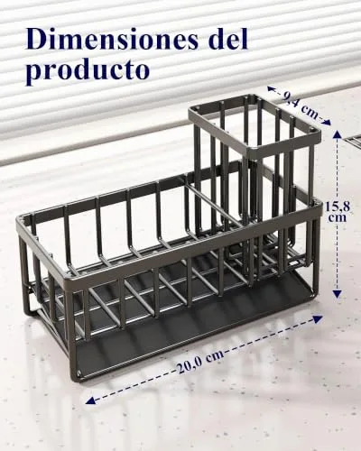 Kitsure ▫️ Organizador de Cozinha - Suporte para esponja de cozinha em aço inoxidável com drenagem automática, organizador de cozinha com porta-escovas para cozinha e casa de banho, 20 x 9,4 x 15,8 cm, preto 3