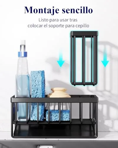 Kitsure ▫️ Organizador de Cozinha - Suporte para esponja de cozinha em aço inoxidável com drenagem automática, organizador de cozinha com porta-escovas para cozinha e casa de banho, 20 x 9,4 x 15,8 cm, preto 6