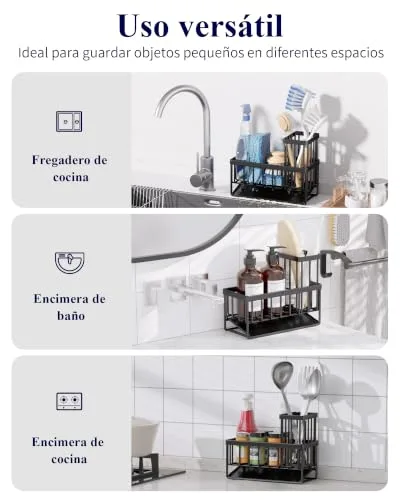 Kitsure ▫️ Organizador de Cozinha - Suporte para esponja de cozinha em aço inoxidável com drenagem automática, organizador de cozinha com porta-escovas para cozinha e casa de banho, 20 x 9,4 x 15,8 cm, preto 7
