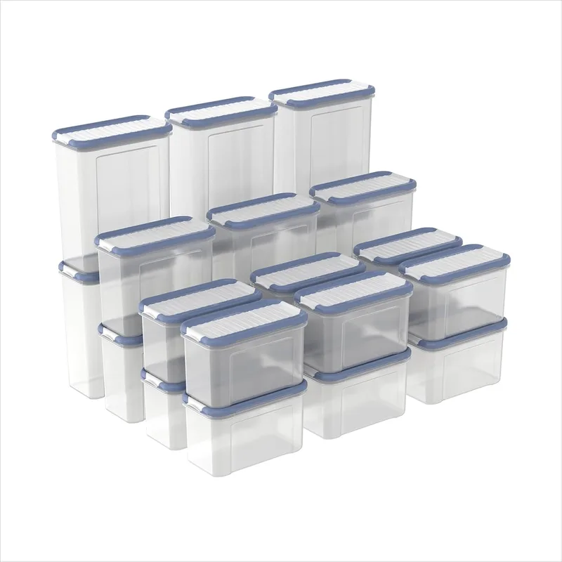 Rotho ▫️ DOMINO - Conjunto de 24 recipientes de armazenamento com tampa hermética, adequados para a máquina de lavar louça, transparente/azul