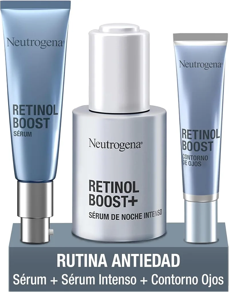 Neutrogena ▫️ Retinol Boost – Rotina antienvelhecimento com retinol puro para o rosto, inclui Soro antienvelhecimento (30 ml), Contorno de olhos (15 ml) e Soro noturno intensivo (30 ml), para uma pele mais jovem e sem rugas
