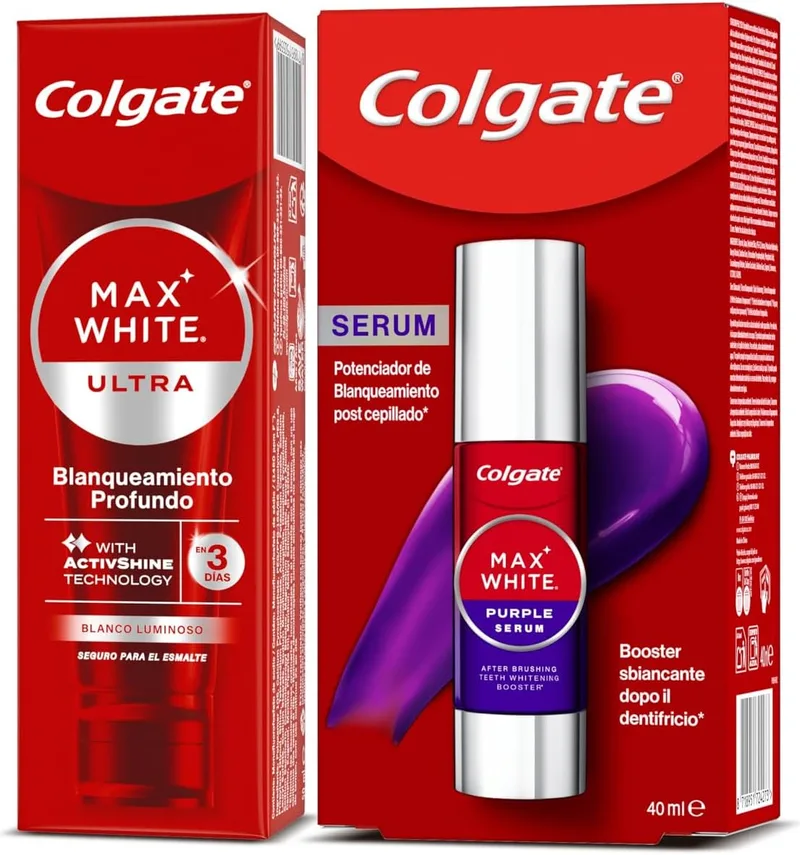 Colgate ▫️ Sérum Branqueador de Dentes Instantâneo + Pasta de Dentes Branqueadora Max White Ultra Ativa em Espuma - Com Flúor - Remove as Manchas e Corrige a Cor - Seguro para o Esmalte