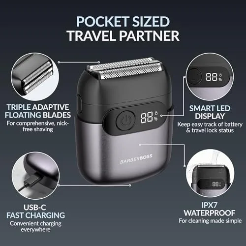 BARBERBOSS ▫️ Máquina de barbear compacta para homem, lâminas flutuantes em aço inoxidável, cabeça de corte magnética, ecrã LED inteligente (Cinza Metálico) 2