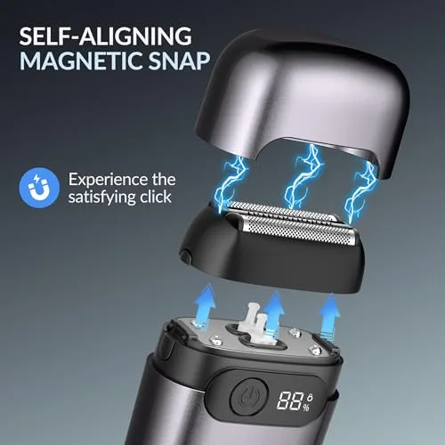 BARBERBOSS ▫️ Máquina de barbear compacta para homem, lâminas flutuantes em aço inoxidável, cabeça de corte magnética, ecrã LED inteligente (Cinza Metálico) 3