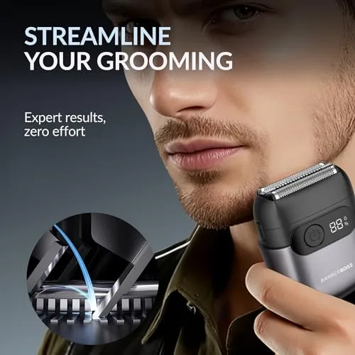 BARBERBOSS ▫️ Máquina de barbear compacta para homem, lâminas flutuantes em aço inoxidável, cabeça de corte magnética, ecrã LED inteligente (Cinza Metálico) 6