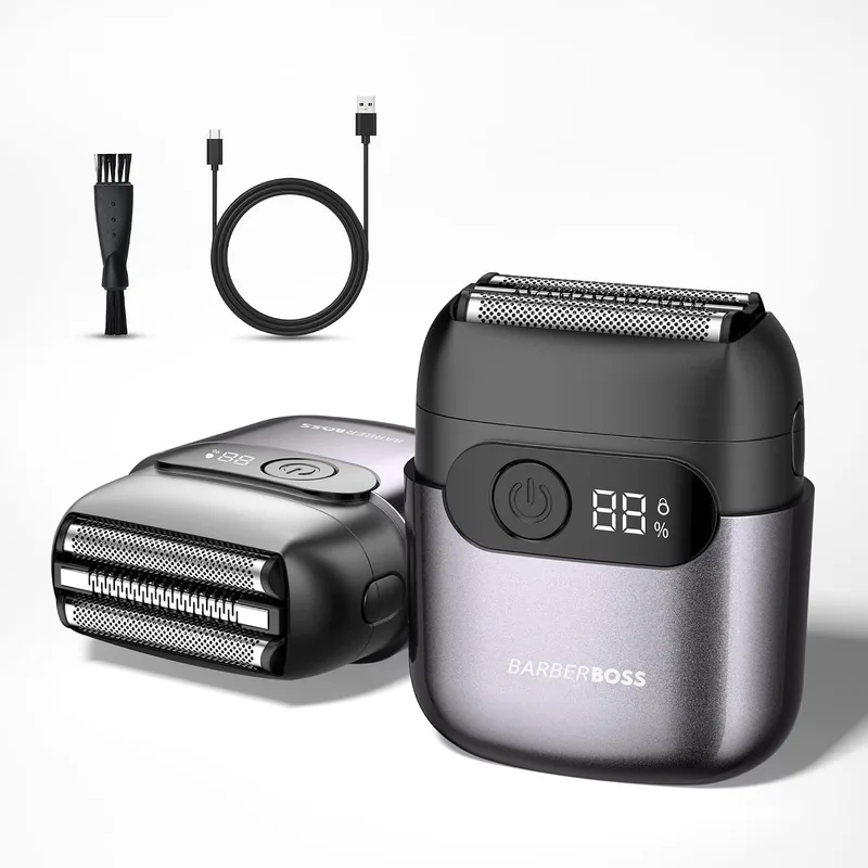 BARBERBOSS ▫️ Máquina de barbear compacta para homem, lâminas flutuantes em aço inoxidável, cabeça de corte magnética, ecrã LED inteligente (Cinza Metálico)
