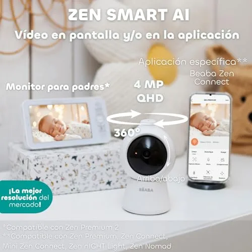 Béaba ▫️ Zen Smart AI – Câmara adicional para monitorização de bebés com vídeo 360°, Full QHD 4 MP, inteligência artificial, deteção de rotação, visão noturna, aplicação móvel, walkie-talkie, VOX, luz noturna 2