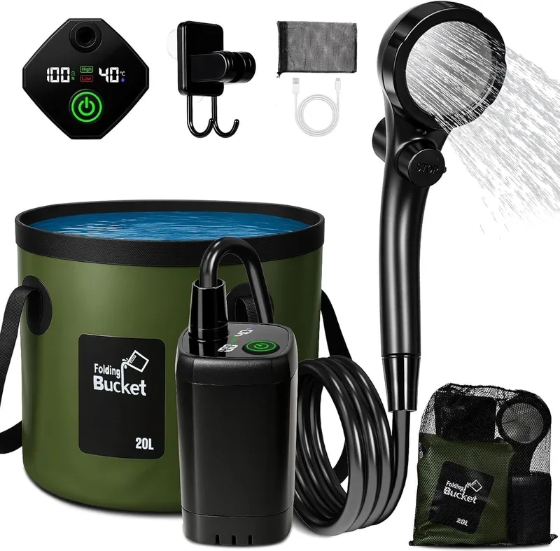 Goody King ▫️ Duche de campismo portátil com bomba de bateria 6000mAh - Kit de duche de água quente com balde dobrável de 20L, cabeça de duche de 3 modos, mangueira de 2m, IPX7, carregamento USB-C - Duche de jardim para cães ao ar livre de caravana