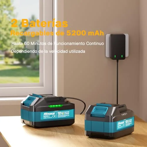 RINOXAR ▫️ Soprador de folhas sem fios, motor sem escovas, 2×18 V/5200 mAh e carregador 4