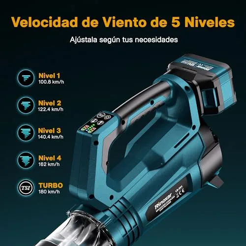 RINOXAR ▫️ Soprador de folhas sem fios, motor sem escovas, 2×18 V/5200 mAh e carregador 5