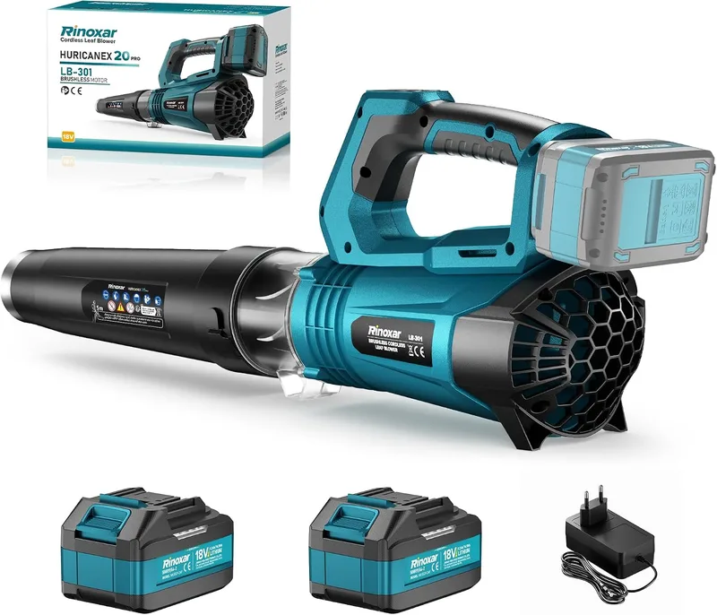 RINOXAR ▫️ Soprador de folhas sem fios, motor sem escovas, 2×18 V/5200 mAh e carregador