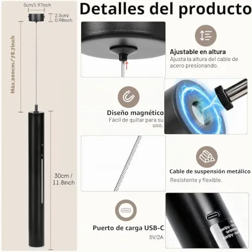 Aukimo ▫️ Candeeiro suspenso com bateria, candeeiros suspensos LED com design moderno, luz sem fios, recarregável via USB com 5000 mAh e comando à distância, para cozinha, sala de jantar, quarto e sala de estar (Preto-2) 4