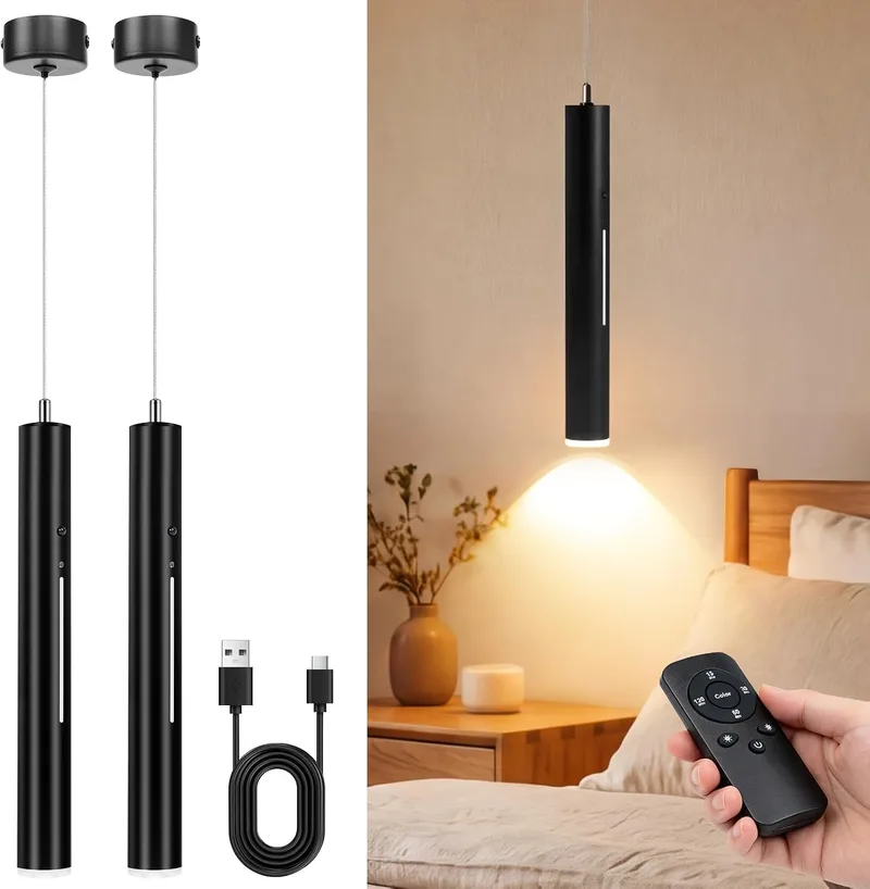 Aukimo ▫️ Candeeiro suspenso com bateria, candeeiros suspensos LED com design moderno, luz sem fios, recarregável via USB com 5000 mAh e comando à distância, para cozinha, sala de jantar, quarto e sala de estar (Preto-2)