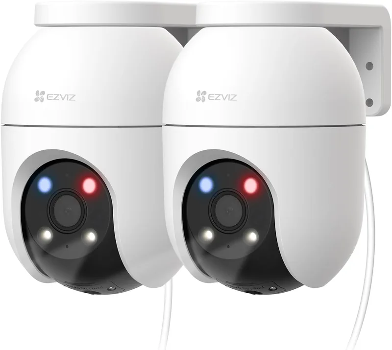EZVIZ ▫️ Kit C8c 3K com 2 câmaras Wi-Fi para exterior com visão de 360°, visão noturna a cores, deteção de pessoas/veículos com IA, acompanhamento automático com zoom, defesa ativa com luzes/sirene, compatível com a Alexa