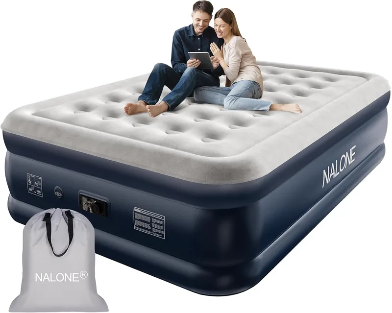 NALONE ▫️ Colchão Inflável de Casal com Bomba Incorporada, 195 x 137 x 46 cm | Enche-se em apenas 3 minutos com a bomba integrada, cama de 2 lugares ideal para hóspedes ou uso doméstico, altura confortável de 46 cm