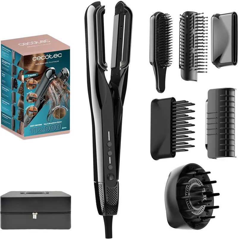 Cecotec ▫️ Alisador de Cabelo a Ar - Placa de Vibração - 6 Acessórios - AirLisse 6in1 iTwerk Platinum. 1000W, 112000rpm, Placas de Aquecimento Duplas, Tecnologia de Infravermelhos, 3 Modos, Plasma