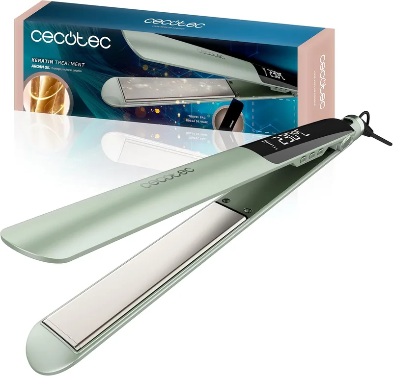 Cecotec ▫️ Alisador de cabelo estreito - Cerâmica - Lisse Keratin Essence Olive. Função HeatMax, 130-230 ºC, revestimento com queratina e óleo de argão, cabo giratório, bolsa de viagem
