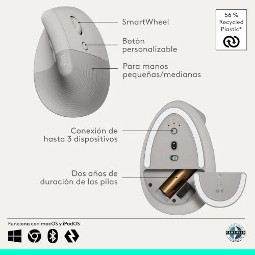 Logitech ▫️ Rato ergonómico vertical Lift, sem fios, Bluetooth ou recetor Logi Bolt USB, cliques silenciosos, 4 botões, compatível com Windows/macOS/iPadOS, portátil, PC - Arena 6